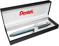 Zseléstoll, 0,35 mm, nyomógombos, aquamarin tolltest, PENTEL "EnerGel BL-407" fekete, ajándék kék tollbetéttel