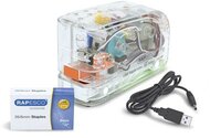 Tűzőgép, 26/6, 15 lap, elemes, USB töltővel, RAPESCO "626EL", átlátszó