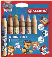Színesceruza készlet, kerek, vastag, hegyezővel, STABILO "Woody 3 in 1", Mancs őrjárat, 6 különböző szín, (7 db)