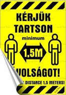 Információs matrica, 11,6x16,6 cm, kétnyelvű, "Kérjük tartson mininum 1,5 m távolságot!"